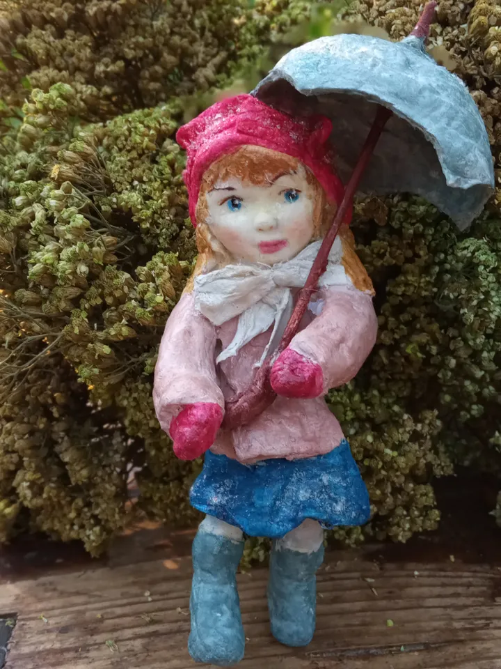 Author's handmade doll Girl with an umbrella. Cotton pendant doll. New Year's tree toy. Christmas decor. Art doll. Christmas presents. Holiday gifts.  Little doll. Christmas tree toy. Made in one copy. Free shipping
