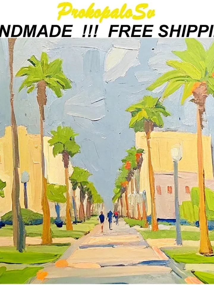 Los Angeles Oil Painting Street Original Art Impasto Scene Sunset Boulevard Impressionist Oil Painting Palm Trees Car Cityscape Art Gift