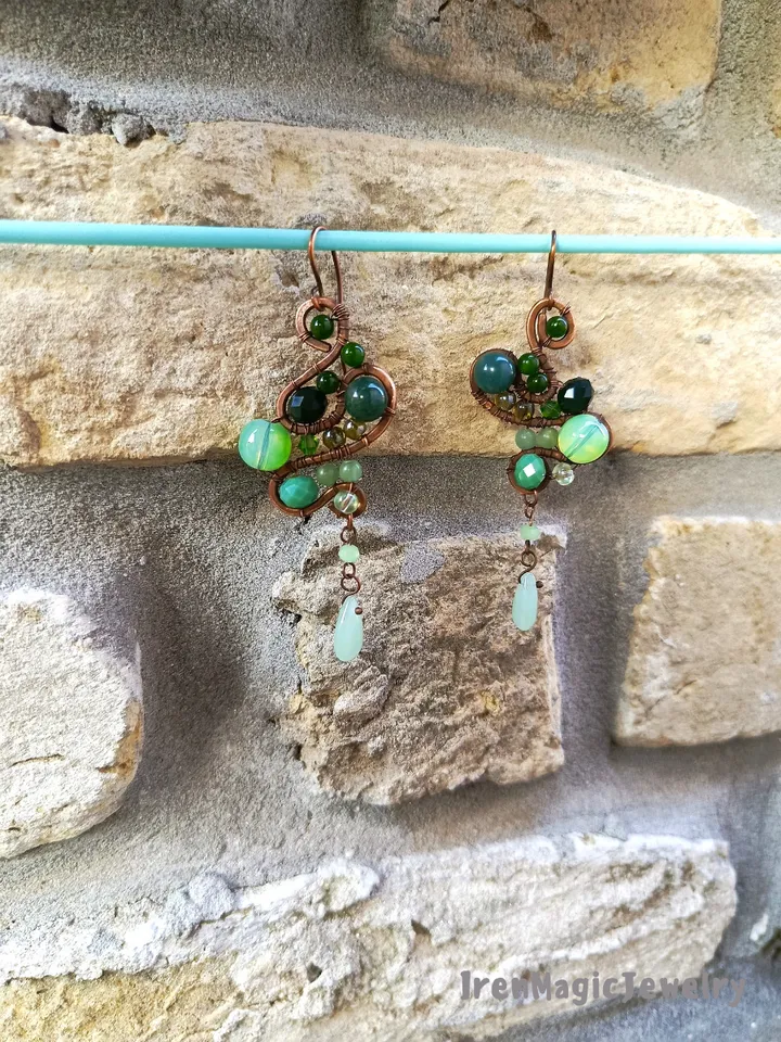 Green Asymmetrical Copper Earrings