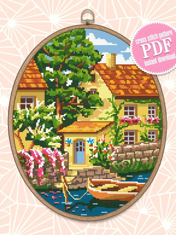 Summer home cross stitch pattern download PDF Village house cross stitch chart Nature landscape river cross stitch Home sweet home #L10