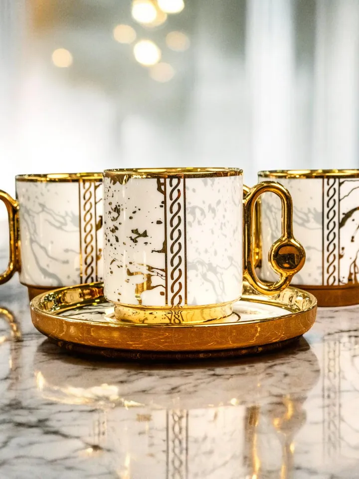 14K Genuine Gold Powder Porcelain Tea Cups And Saucers | Tea Cups Saucers Set | Gold Porcelain Set | Elegant Teaware | Gift For Tea Lovers