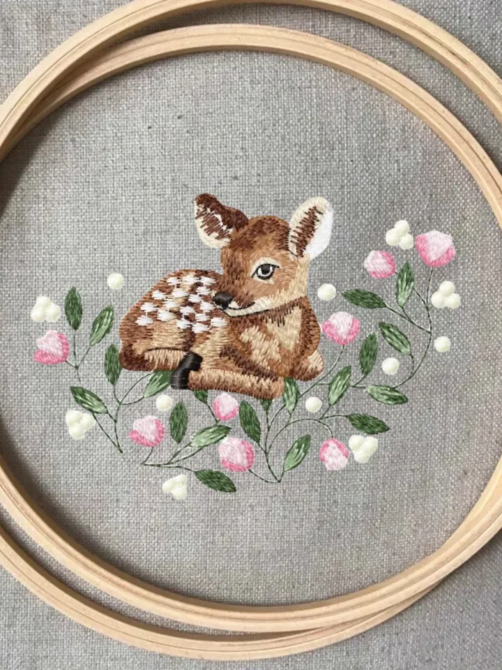 Fawn in flowers Machine embroidery design Digital embroidery pattern Animal embroidery motif  Embroidery design for children