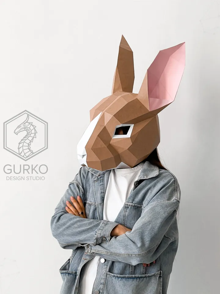 Rabbit Mask Papercraft, Hare, Digital Template, PDF Download, Gurko, 3D Low Poly Animal Mask, DIY Origami, Pepakura, Paper Mask, DIY Costume