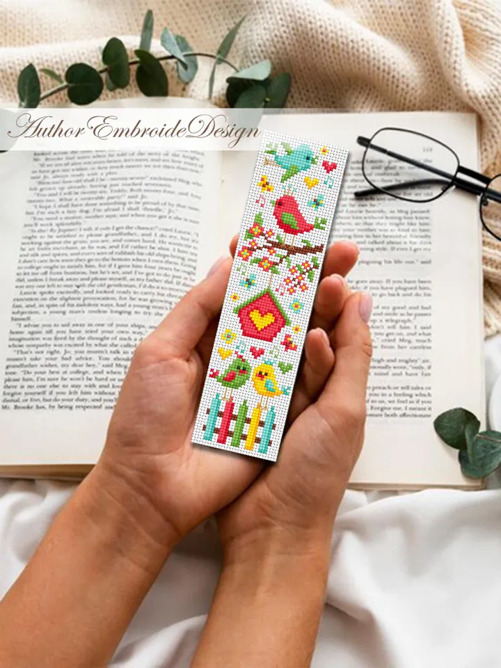 Spring bookmark cross stitch pattern PDF download Romantic love birds cross stitch chart, Bird bookmark pattern digital for beginner #B416