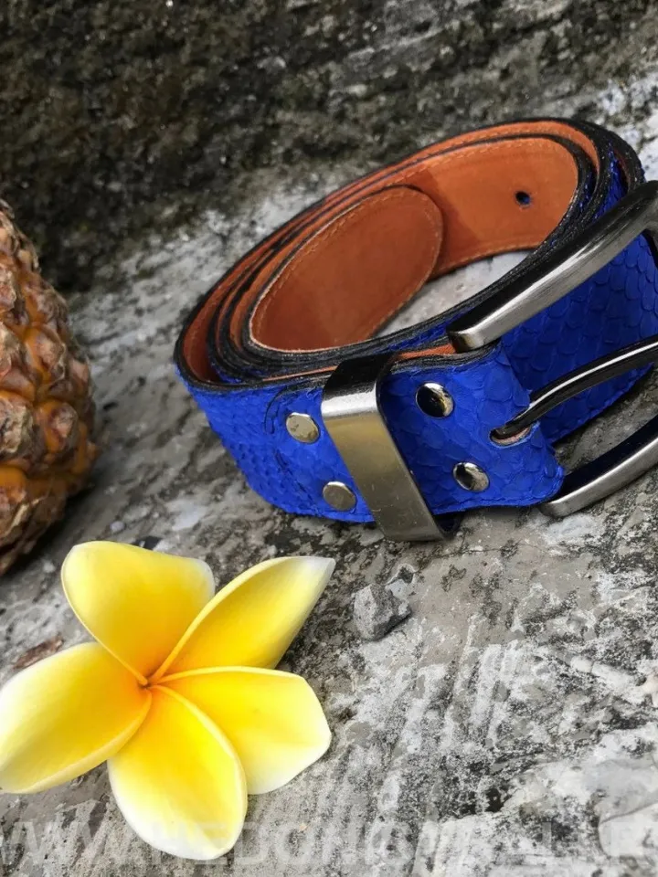 Genuine python skin blue belt | electric blue ultramarine belt | handmade leather belts | unisex belt | exotic leather belt |