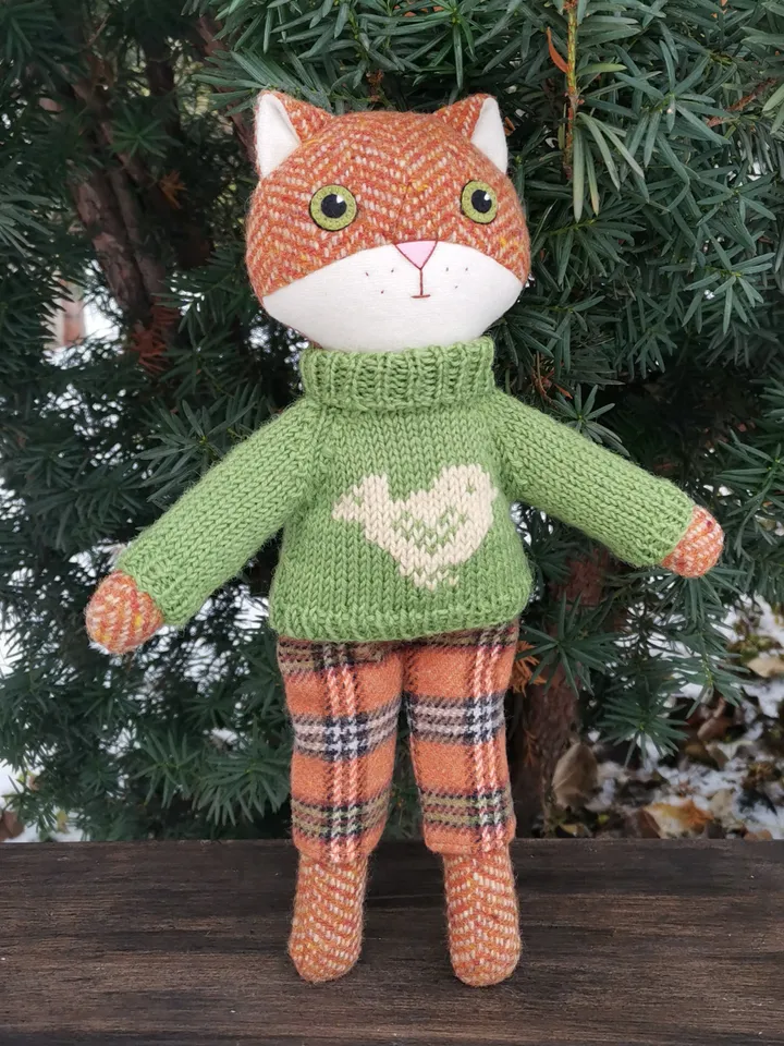 Red cat boy, handmade fabric stuffed doll, kitten wool plush toy