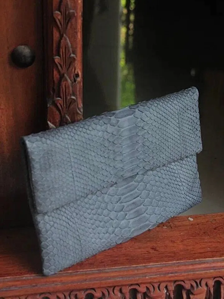 Genuine Python Skin Grey Clutch | Small Evening Classy Elegant Snake Python Leather Flat Clutch | Small Purse | Reptile Bags