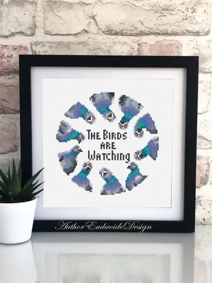 Funny pigeons cross stitch pattern PDF download Cross stitch quote The birds are watching, Small modern cross stitch chart Pigeon gifts #Q60