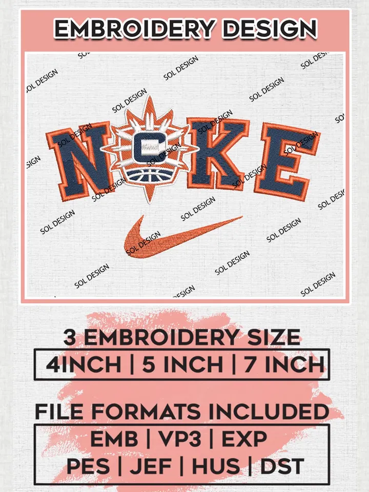 Nike Connecticut Sun Embroidery Files, WNBA Connecticut Sun Team Embroidery Designs, Basketball Teams, 3 sizes, Machine embroidery designs, Digital Download