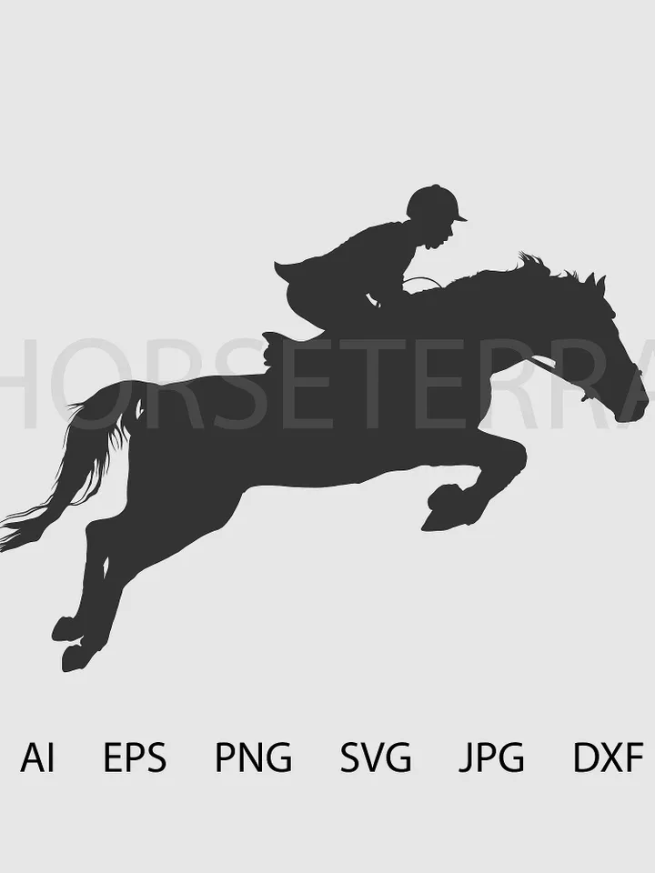 Cut out file. Silhouette horse. Horseman on horse. Jumping competition. Silhouette vector image. Plotter cutting. Ai file, EPS file, DFX file, PNG file, JPG file