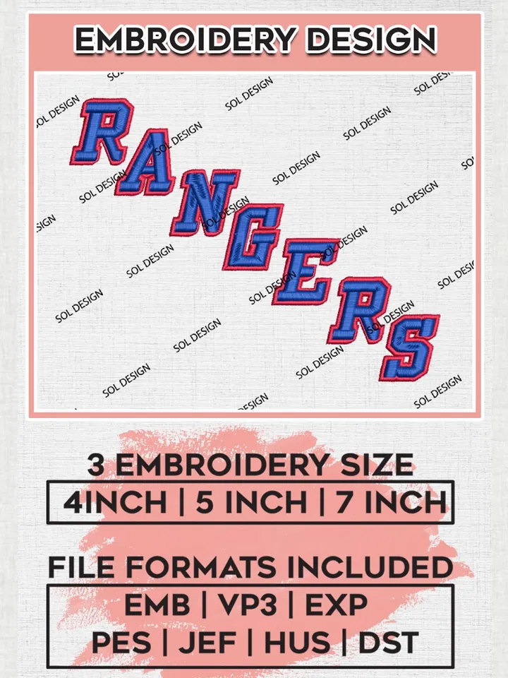 NHL Rangers Wordmark Logo Embroidery Files, NHL New YNew York Rangers Team Embroidery Designs, NHL Embroidery Designs, NHL Machine Embroidery Designs, Digital Download