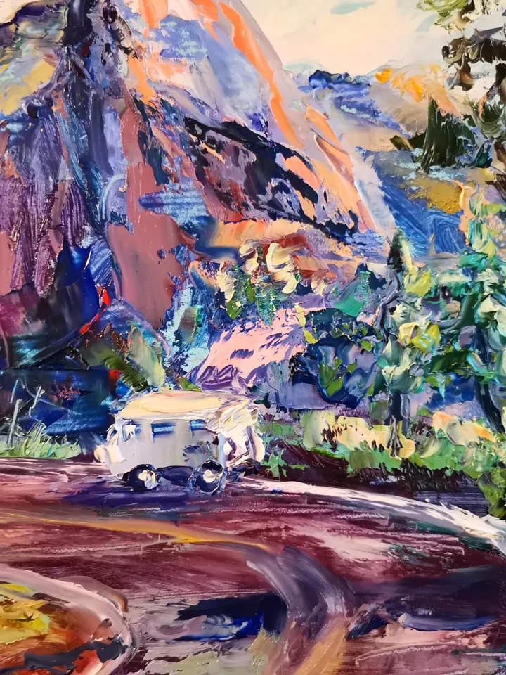 National Parks Trees Mountain Car Road Original Art Oil Painting Artist Svinar Oksana