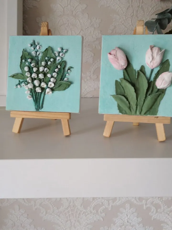 Set of canvas paintings of Lilies of the valley and tulips on easel Mothers gift Mini canvas painting of pink tulips on easel for Mother's Day Floral painting on easel Gift for woman Spring flowers