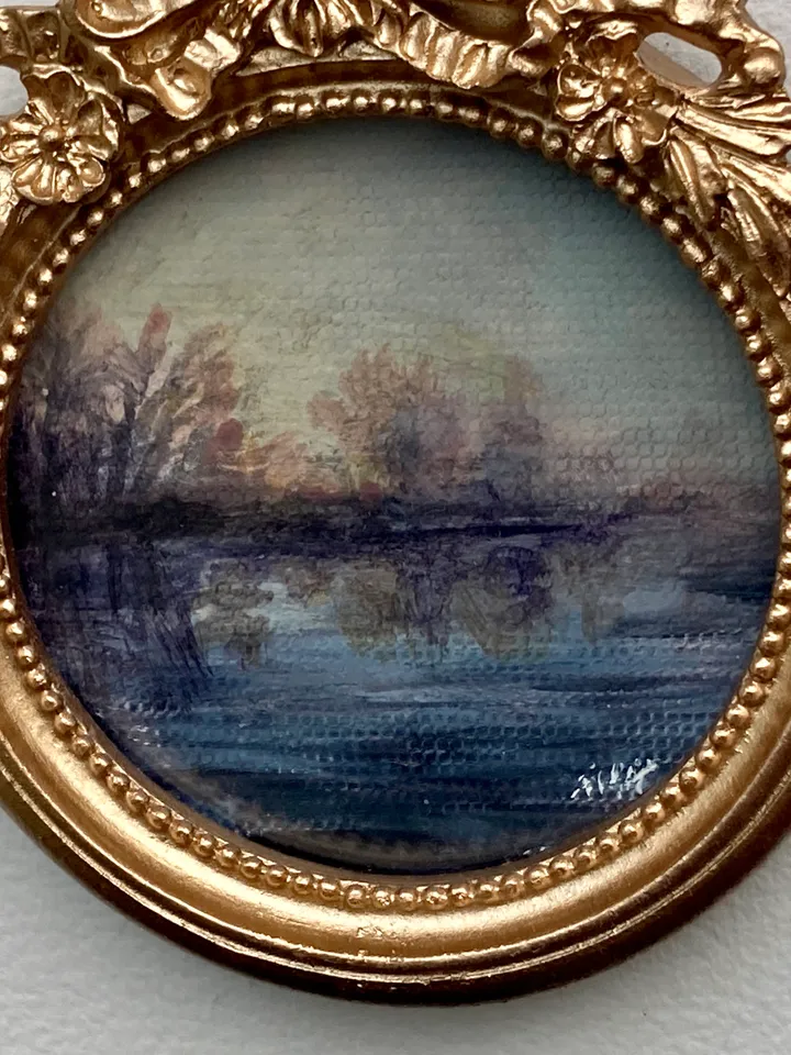 Round Forest Painting Landscape Dark Art Original Moody Victorian Painting Small Framed Wall Decor Gold Frame 4 by 4 Art