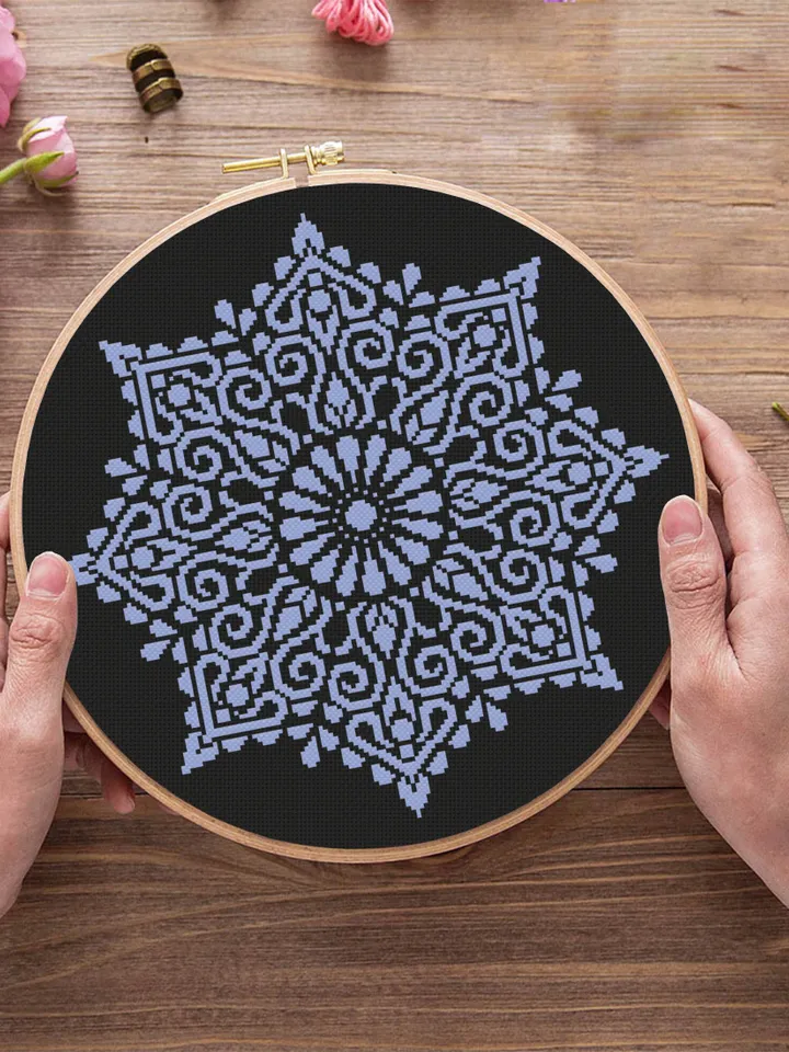 Mandala cross stitch pattern download PDF, Flower mandala pattern digital PDF, Monochrome cross stitch chart Modern beginner stitch #M106