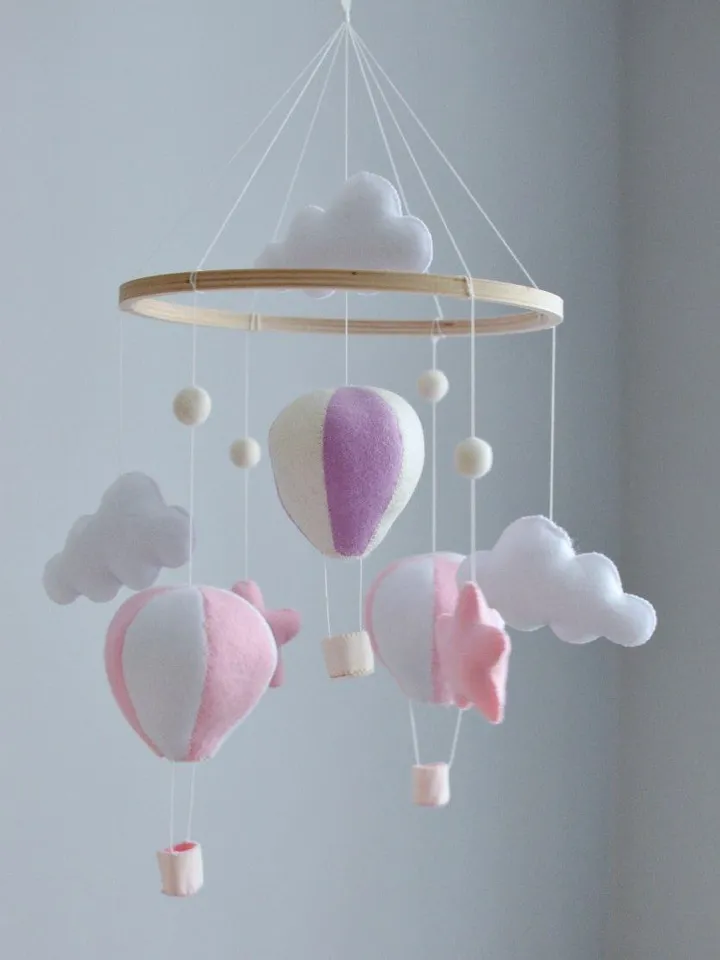 Hand sewn  baby mobile for nursery decor with Hot air balloons,clouds and stars