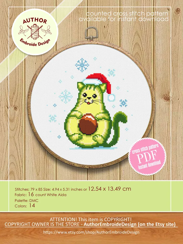 Kawaii Christmas avocado cross stitch pattern download PDF, Funny avocato, Holiday embroidery beginner, Cute kawaii cat cross stitch #N71