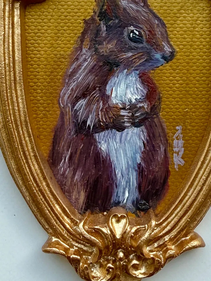 Framed Squirrel Oil Painting Original Wild Animals Art Cute North Squirrel Painting Gold Frame Victorian Painting