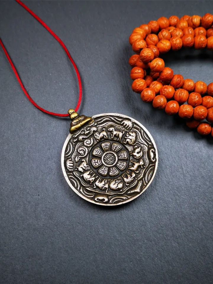 Gandhanra Acient Tibetan Buddhist Amulet,Melong Mirror,Calendar Badge,SIPAHO(srid pa ho),Made of Lima Brass,1.97"