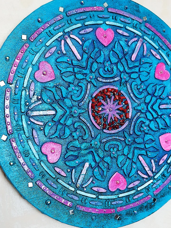 Mandala textured painting. Mandla love wall decor glitter art