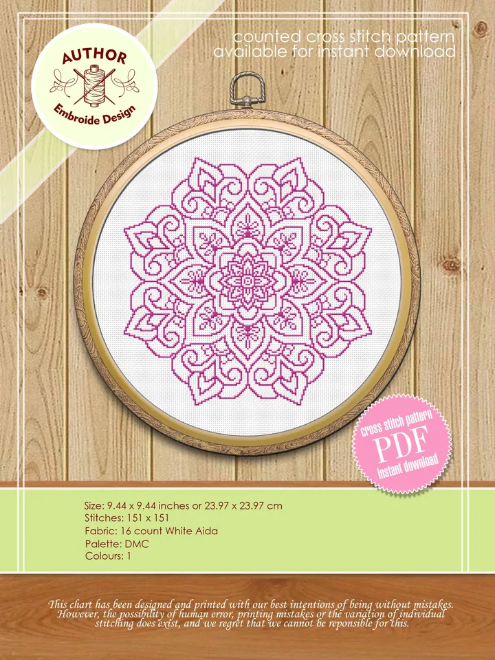 Mandala cross stitch pattern download PDF, Easy floral ornament cross stitch chart, Monochrome cross stitch, Mandala hand embroidery #M84