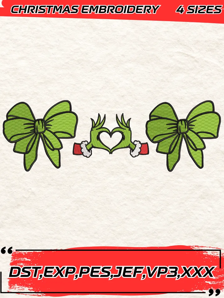 Grinchmas Hand Coquette Bow Christmas Embroidery Design,Christmas Embroidery Design,4 Sizes,Digital Download