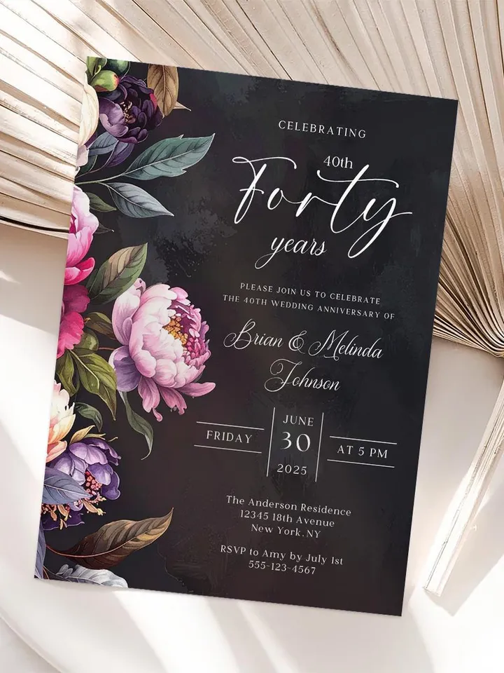 40th Anniversary Party Invitation, 30th, 50th, 60th, 70th, Moody Burgundy & Blush Peony Floral Canva Template 5x7 birthday evite