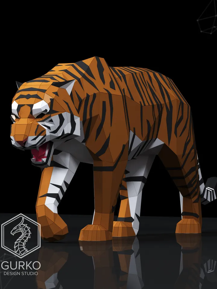 Crouching Tiger Papercraft, Cat, Digital Template, PDF Download, Gurko, 3D LowPoly, Pepakura, Origami Sculpture, Paper Party Decor, DIY Gift