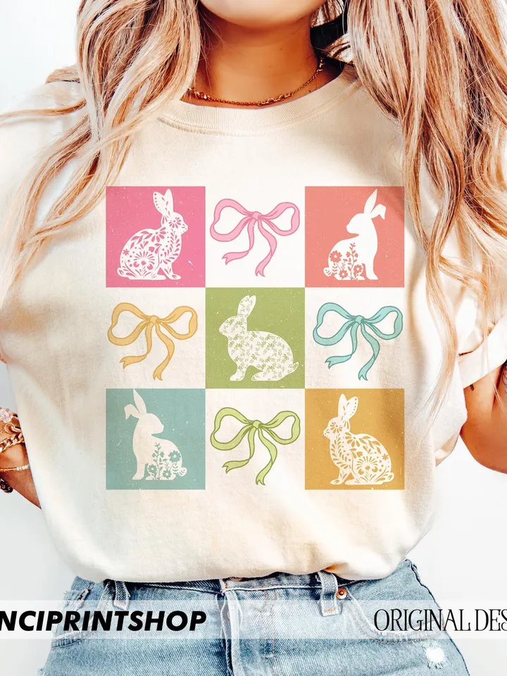 Retro Easter Floral Bunny Checkered png, Easter Coquette Bow png, Easter Bunny png, Retro Easter png, Happy easter png, Bunny png, Retro png