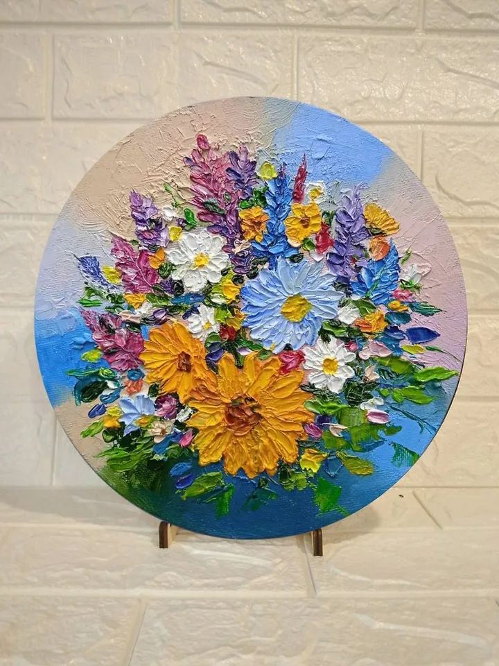 Round Oil Painting Bright Flowers Chamomile Sunflowers Miniature Impasto d.18 cm