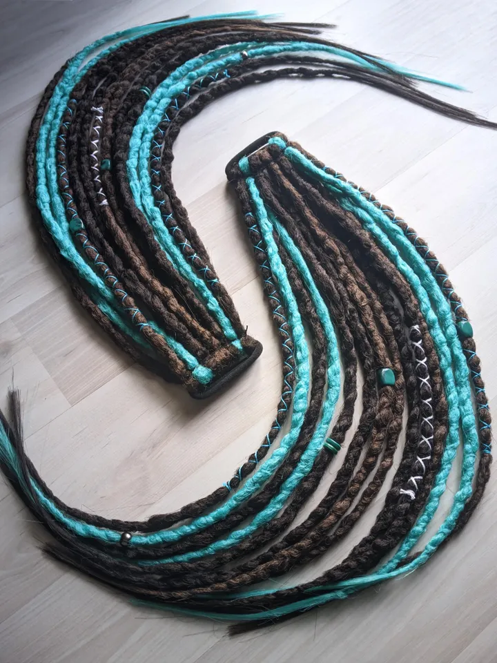 Dreads on hair tie Ponytail dreadlocks for party Brown mix with mint crochet dreads with decorations Bohemian boho hippie hairstyle