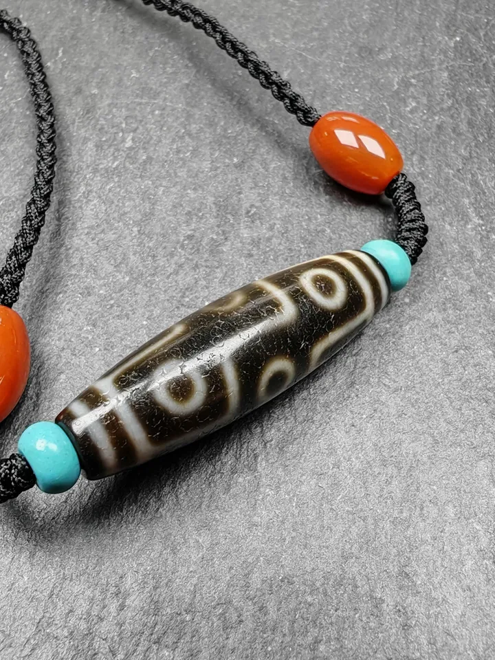 Gandhanra Vintage Tibetan 9 Eyes Dzi Bead Necklace,Protective Charm,Spiritual Gift,1.5" x 0.4"