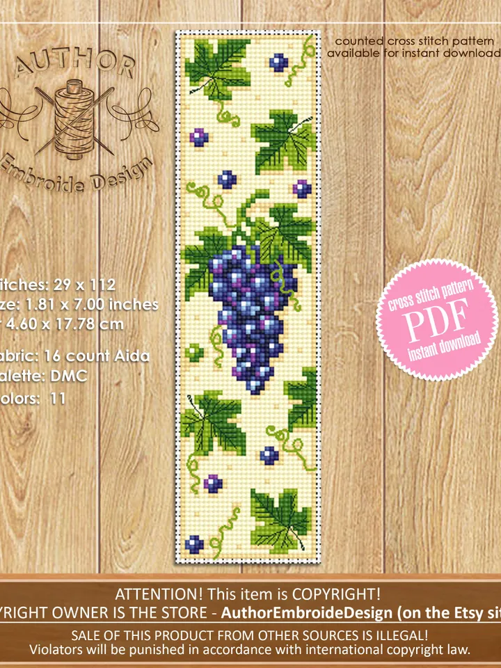 Grape vine bookmark cross stitch pattern PDF download Fruit cross stitch chart, Grapes berry embroidery, Digital bookmark pattern PDF #B143