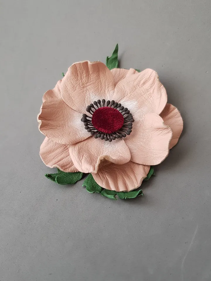 Beige leather brooch for her, Leather women's jewelry