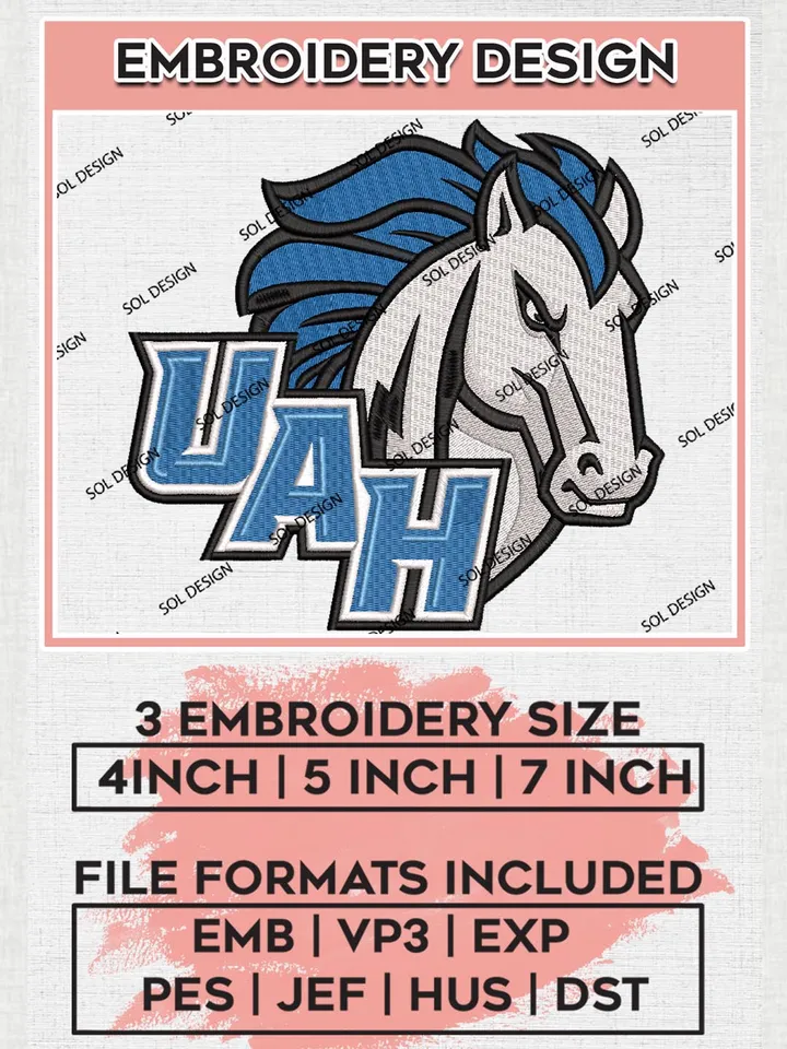 NCAA UAH Team Mascot Logo Embroidery Design Files, NCAA Alabama Huntsville Chargers Machine Embroidery, NCAA Teams, 3 sizes, NCAA Machine embroidery designs, Digital Download