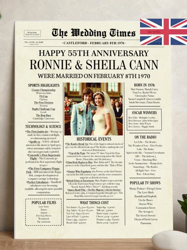 55th Anniversary 1970 Newspaper Photo Poster, 1970 Anniversary, 55th Anniversary Party Sign, 55th Anniversary Gift Board Anniversary gift UK