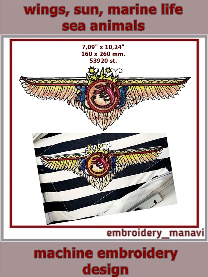 Embroidery design wings, sun, marine life and sea animals