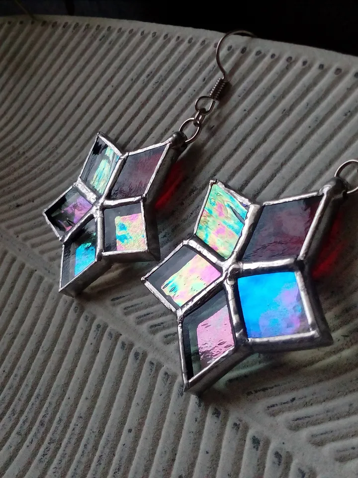 Star drop earrings, flower dangle earrings, geometric earrrings, Iridescent drop earrings, simple stained glass