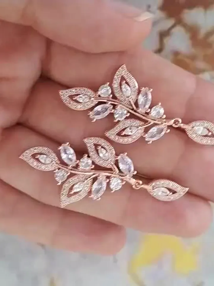 Full Zircon Rose Gold Leaf Wedding Earrings, Art Deco Jewellery Chandelier Statement Earrings, Vintage Style Floral Floral Wedding Jewelry,