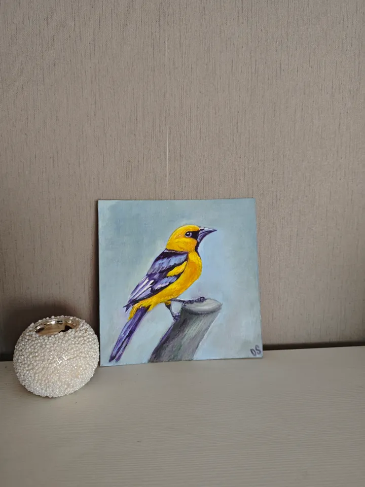 Oriole Bird Original Painting Bird Original Art Animal Modern Artwork Yellow Bird Wall Art Bright Yellow Bird Painting 8x8 inches by OlgaSokolovaArt