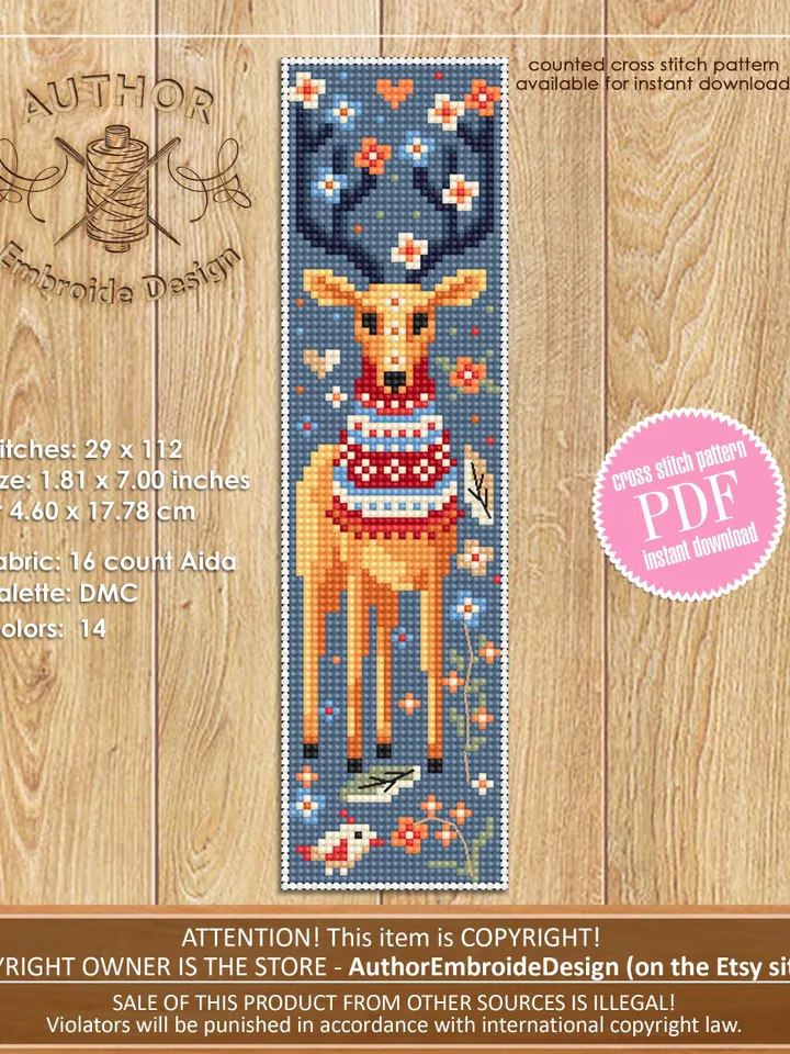 Scandinavian bookmark set cross stitch pattern PDF download Folk art animals cross stitch chart, Fall bookmarks pattern digital PDF #B430