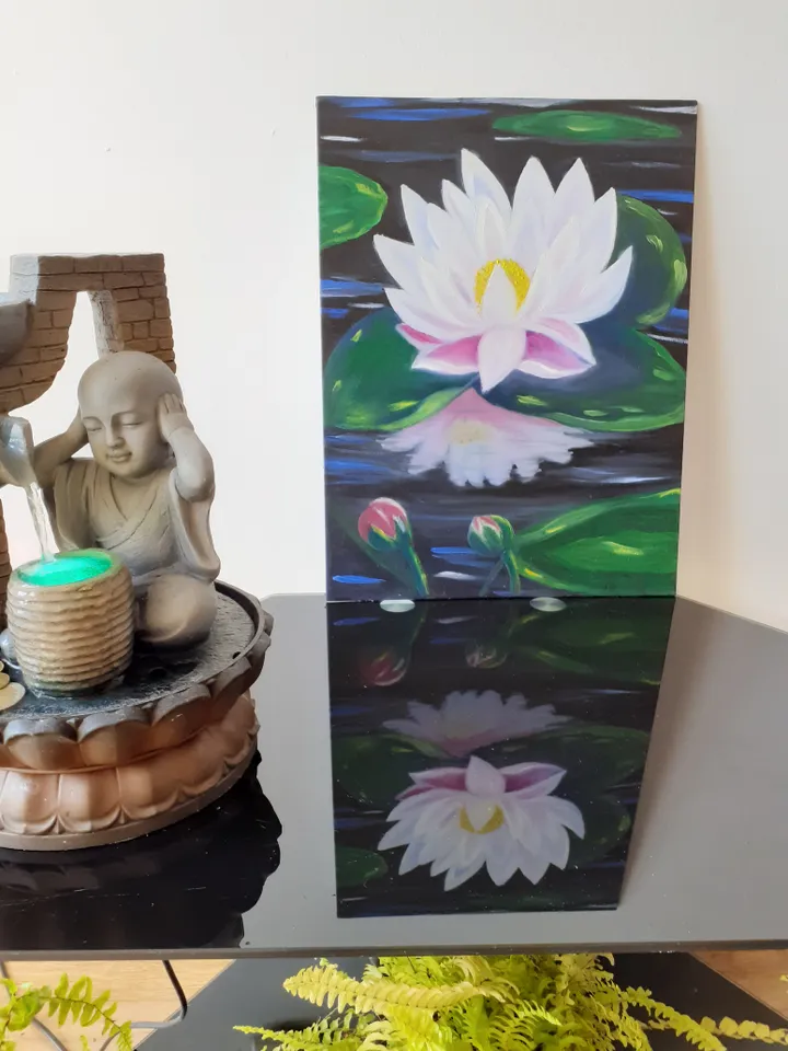 Oil Painting Lotus Flower Water Landscape Flowers Nature Canvas on Cardboard 16 x12 inches 40 x30 cm New Gift for Her Wall decor