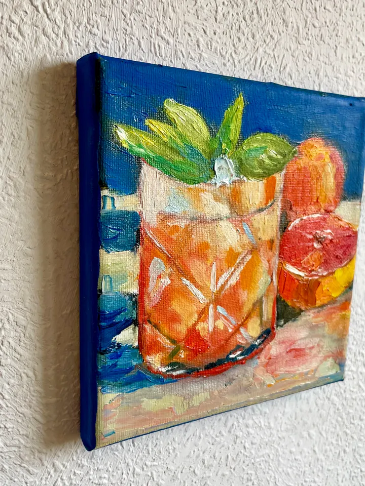 Lemonade cocktail Still Life Painting on Canvas Original Orange Juice Drink Wall Art Bar Cart Decor 6"x6"
