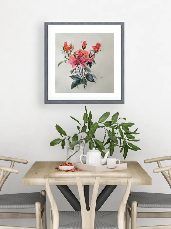 Rose Painting Floral original art 12 by 12 Red Flower watercolor square wall art Rose aquarelle by Natalia Plotnikova