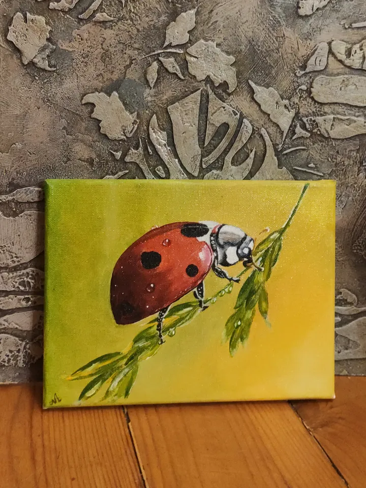 Ladybug on a branch Miniature oil painting realism nature