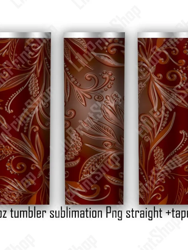 Tooled leather Tumbler sublimation design. Floral tumbler sublimation wrap PNG for 20oz skinny straight & tapered Instant download