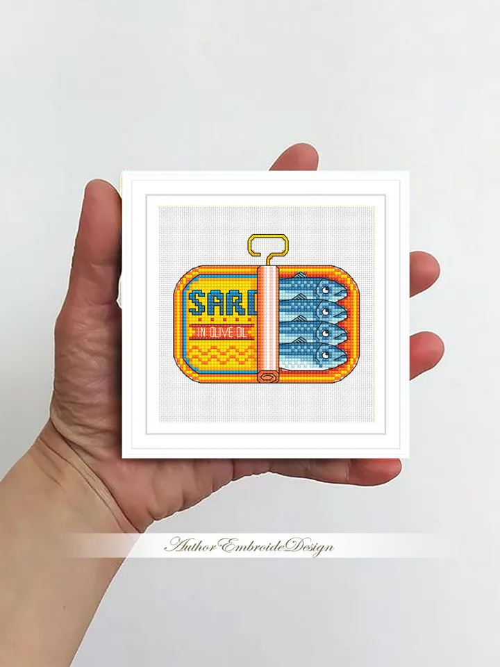 Sardines in a can cross stitch pattern PDF download Tinned sardines cross stitch chart, Funny kitchen decor, Small fish pattern digital #F26