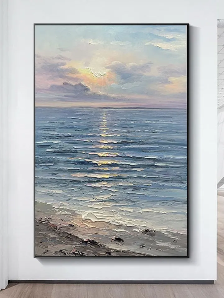Original Oil Painting on Canvas Sea Landscape Painting,Large Wall Sky Sea Painting,Sea Level Painting Of Sunrise Landscape Large Wall Art