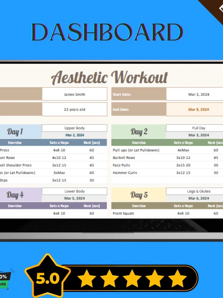 Aesthetic Workout Template, Editable Google Sheets, Digital Download for Fitness Planning & Muscle Definition Tracking