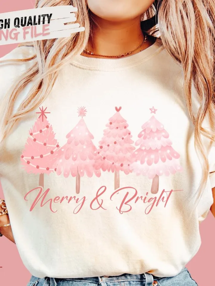 Merry & Bright PNG Sublimation File, Pink Pastel Christmas Sublimation Digital Download, Hand Drawn Christmas Trees, Pretty Pink Christmas